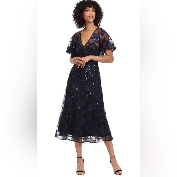 Maggy London Women's V-Neck A-line Midi Sequin Dress Blue/Black Size 6‎ NWT - Picture 1 of 12